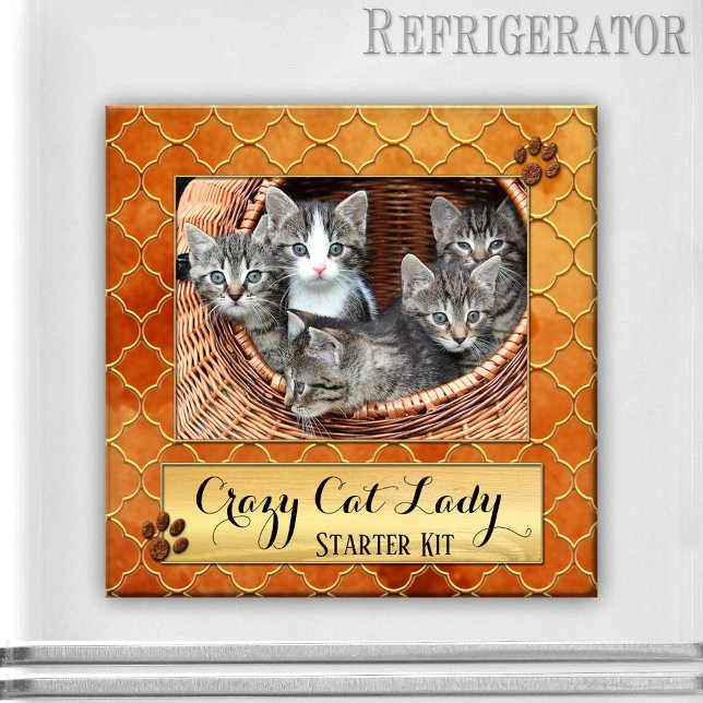 Imán Gracioso Gatos Loco Gato Dama Fotos Magnet (Photo magnet featuring your cat photo framed by a Moroccan quatrefoil gold print with cute paws)