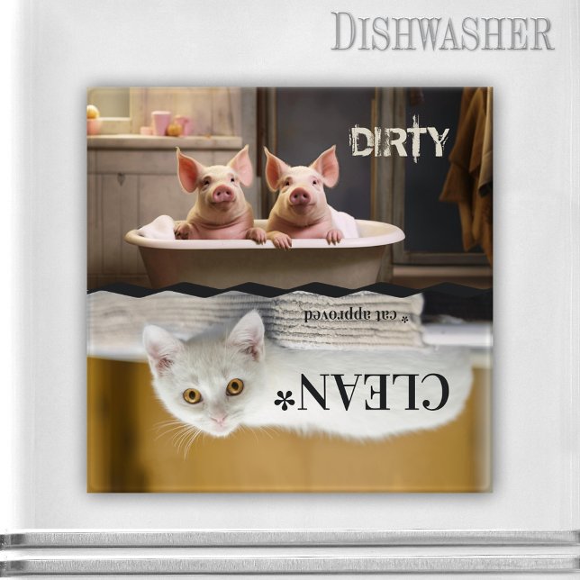 Imán Gracioso Granjero Gato Gato Gato Deslavavajillas M (Farmhouse dishwasher magnet featuring funny pigs in the bathtub and an upside-down white kitty)
