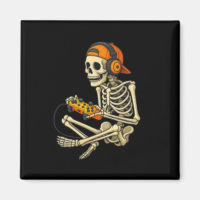 Imán Gracioso Halloween Skeleton Gamer Video Gaming Boy (Frente)