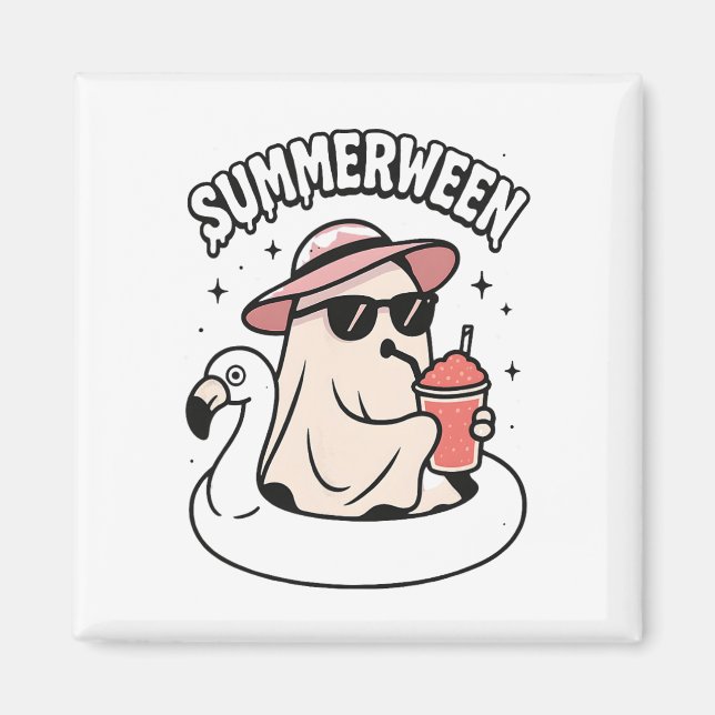 Imán Gracioso Summerween Ghost Pink Flotando En Flaming (Frente)