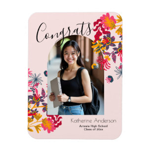 Imán Graduación de fotografía floral rosada en arco mod