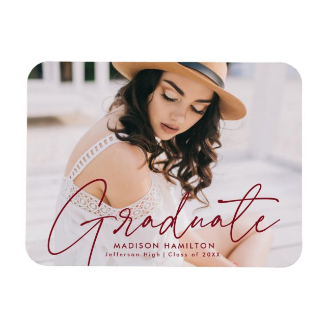 Imán Graduación de la foto en escritura burdeos de grad (Horizontal)