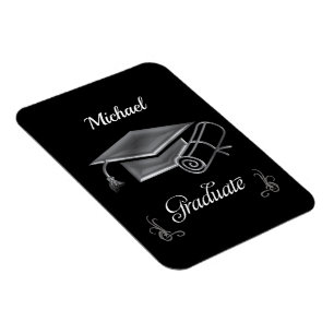 Imán Graduación de negro y plata, gorra y diploma