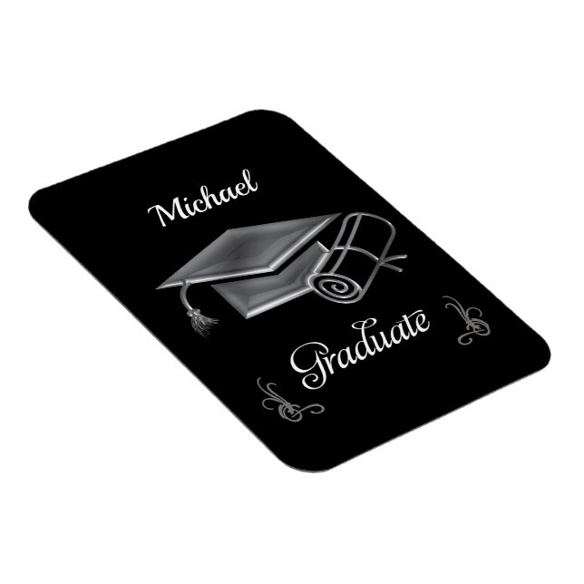 Imán Graduación de negro y plata, gorra y diploma (Lado Derecho)