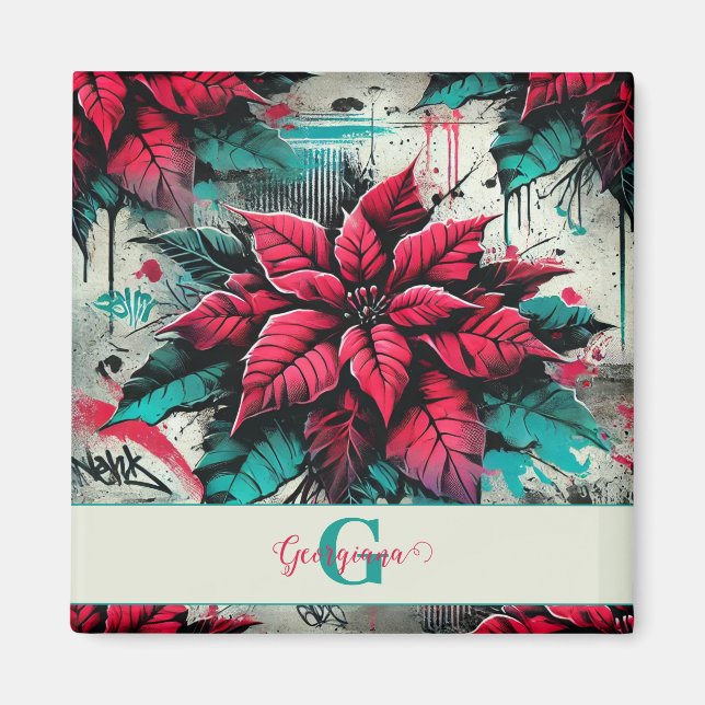 Imán Graffiti floral de poinsettia esponjoso personaliz (Frente)