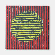 Gran olla amarilla de sol con líneas rojas y negra