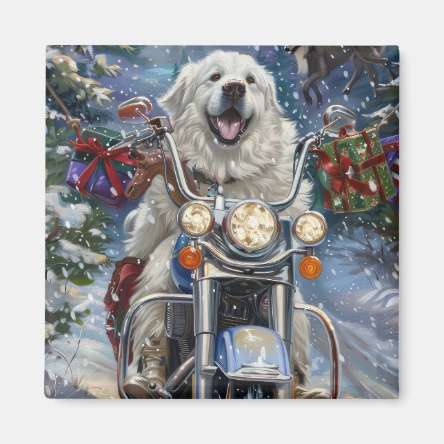 Imán Gran Pirineo Perro Montando Motocicleta Navidad (Frente)