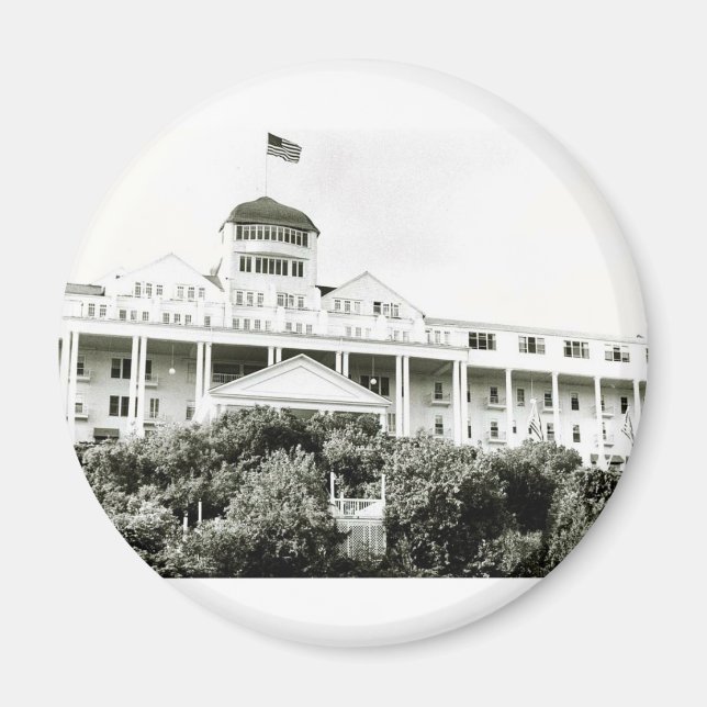 Imán Grand Hotel, Isla Mackinac, blanco y negro (Frente)