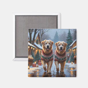 Imán Grandes Perros Pirineos Navidad Nieve Fiesta