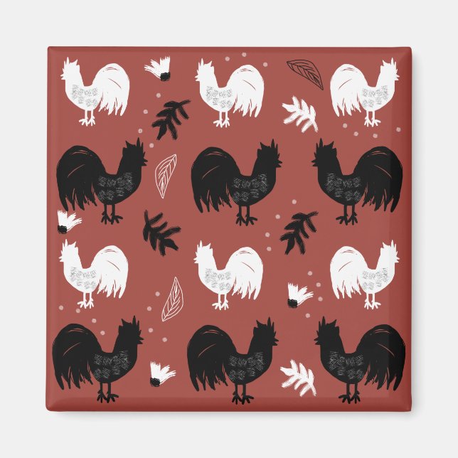 Imán Granja de Gallos Rústicos Patrón Dibujado a Mano (Frente)