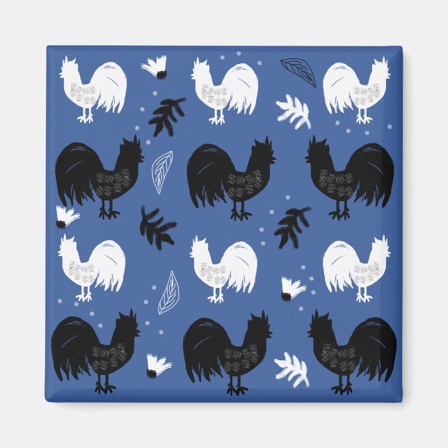 Imán Granja de Gallos Rústicos Patrón Dibujado a Mano (Frente)