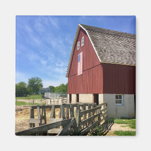 Imán Granjas Granero Rojo Con Bandera Estadounidense