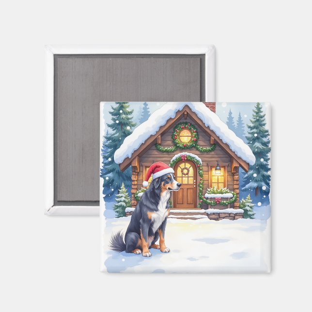 Imán Greater Swiss Mountain Dog Snowy Cabin Santa Hat (Anverso/Reverso)