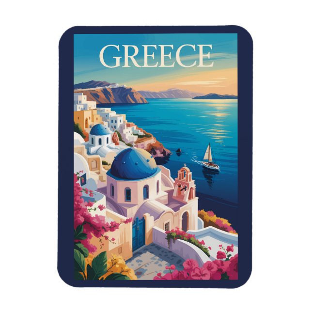 Imán Grecia Santorini Ilustracion Viaje Arte Vintage (Vertical)
