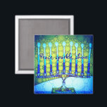 Imán Green Blue Hanukkah Menorah Peace Sparkle Shine<br><div class="desc">“Peace, sparkle, shine.” A close-up photo of a bright, colorful, blue and green artsy menorah helps you usher in the holiday of Hanukkah in style. Feel the warmth and joy of the holiday season whenever you use this bright, colorful Hanukkah magnet. Matching cards, postage, stickers, pillows, housewares, totebags, and other...</div>