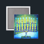 Imán Green Blue Hanukkah Menorah Peace Sparkle Shine<br><div class="desc">“Peace, sparkle, shine.” A close-up photo of a bright, colorful, blue and green artsy menorah helps you usher in the holiday of Hanukkah in style. Feel the warmth and joy of the holiday season whenever you use this bright, colorful Hanukkah magnet. Matching cards, postage, stickers, pillows, housewares, totebags, and other...</div>