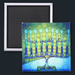 Imán Green Blue Hanukkah Menorah Peace Sparkle Shine<br><div class="desc">“Peace, sparkle, shine.” A close-up photo of a bright, colorful, blue and green artsy menorah helps you usher in the holiday of Hanukkah in style. Feel the warmth and joy of the holiday season whenever you use this bright, colorful Hanukkah magnet. Matching cards, postage, stickers, pillows, housewares, totebags, and other...</div>