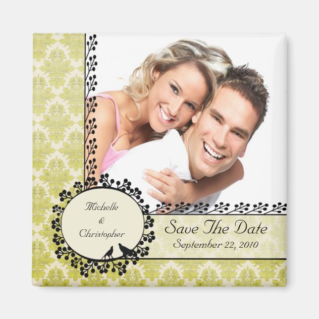 Imán Green Damask Love Birds Photo Save the Date Magnet (Frente)
