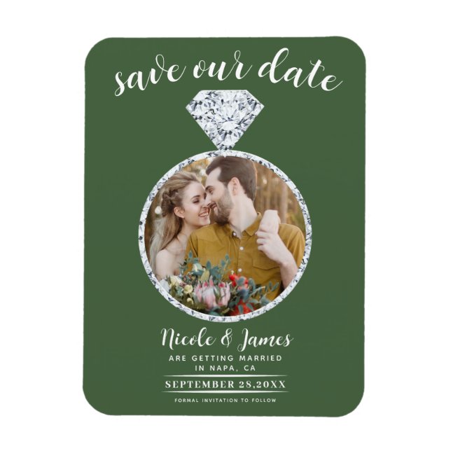 Imán Green Diamond Ring Bling Photo Save the Date (Vertical)