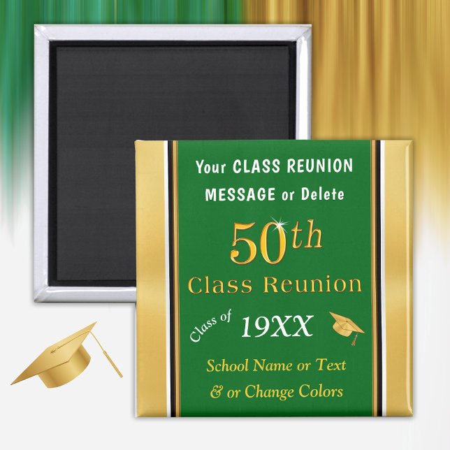Imán Green, Gold, White Cheap 50th Class Reunion Gifts (Green, Gold, White, 50th Class Reunion Party Favors. Personalized, 50 year class reunion souvenirs.)