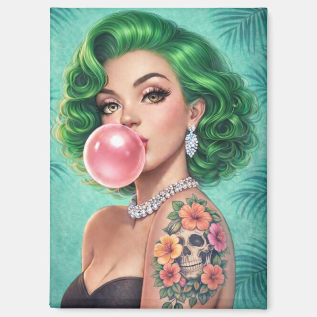 Imán Green-Haired Bubblegum Pin-Up Girl Magnet – Retro  (Anverso)