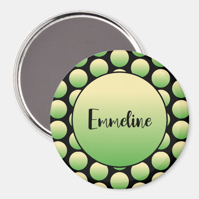 Imán Green Polka Dots Black Script Name Magnet (Anverso/Reverso)
