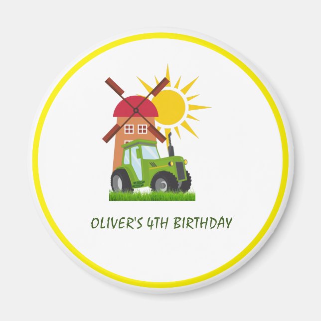 Imán Green Tractor Boys Fiesta de Cumpleaños Temática (Frente)