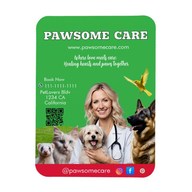 Imán Green White Pet Store Sign Dogs, Cats, Birds Vet  (Vertical)