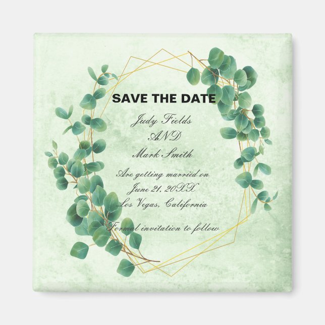 Imán Greenery Geométrico Eucalyptus Deja Save The Date (Frente)