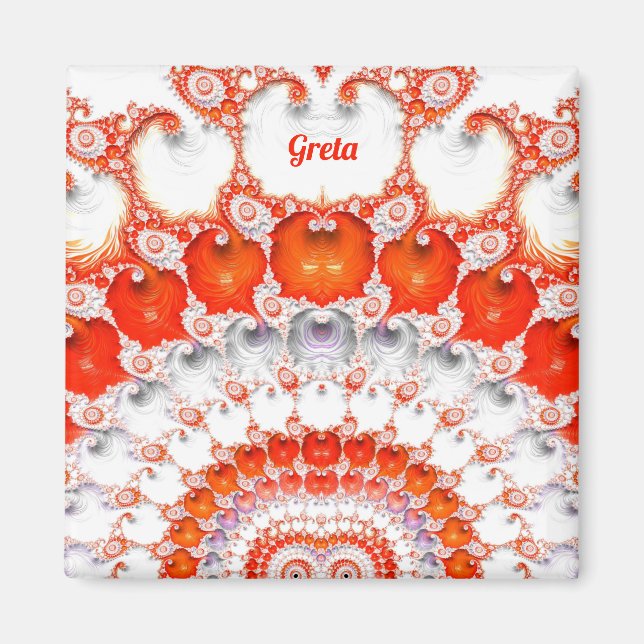 Imán GRETA ~ Patrón abstracto ~ Blanco Naranja rojo~ (Frente)
