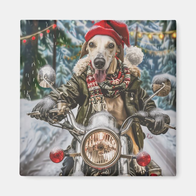 Imán Greyhound perro montando motocicleta Navidad  (Frente)