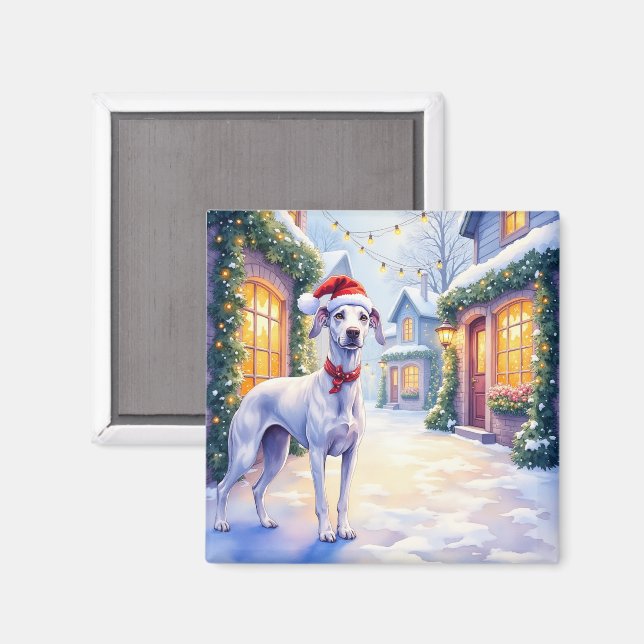 Imán Greyhound Snowy Village Santa Hat Christmas Art (Anverso/Reverso)