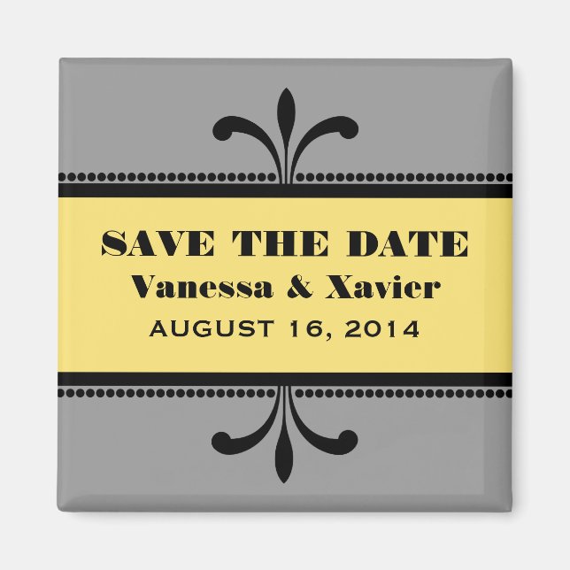 Imán Gris/Amarillo Fancy Art Deco Save the Date Magnet (Frente)