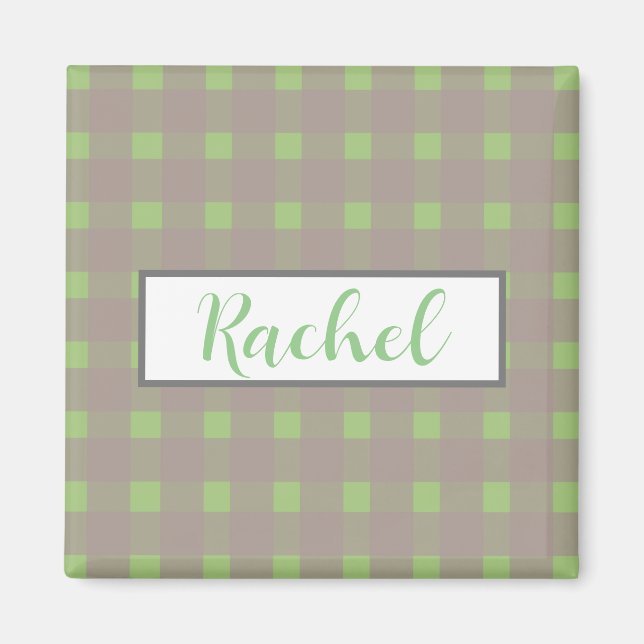 Imán Gris verde Gingham personalizado (Frente)