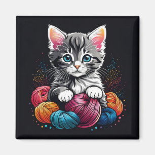 Imán Gris y blanco gatito con yarn