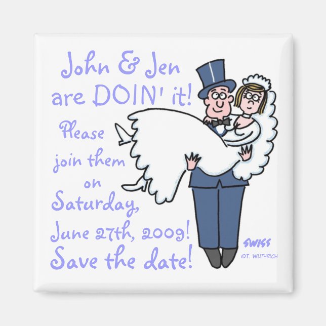 Imán Groom in Top Hat y Tails Carries Brie Save Date (Frente)