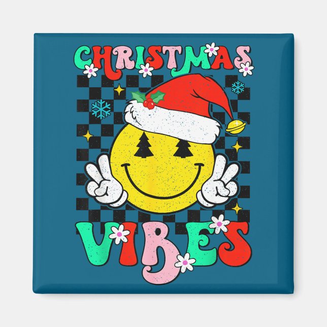 Imán Groovy Christmas Vibes Smile Face Santa Hat Xmas T (Frente)