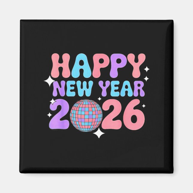 Imán Groovy Cute Happy New Year 2026 Disco Ball  (Frente)
