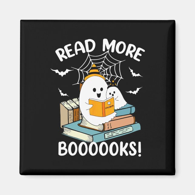 Imán Groovy Halloween Ghost Leer más libros Bibliotecar (Frente)