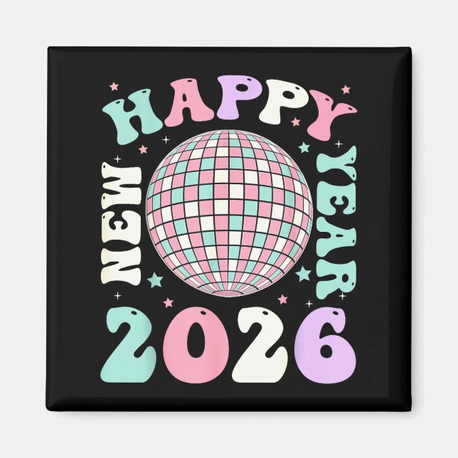 Imán Groovy Happy New Year 2026 Disco Ball New Years Ev (Frente)