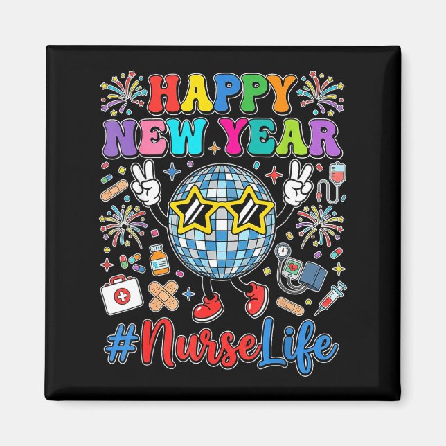 Imán Groovy Happy New Year 2026 Nurse Life Disco Ball F (Frente)