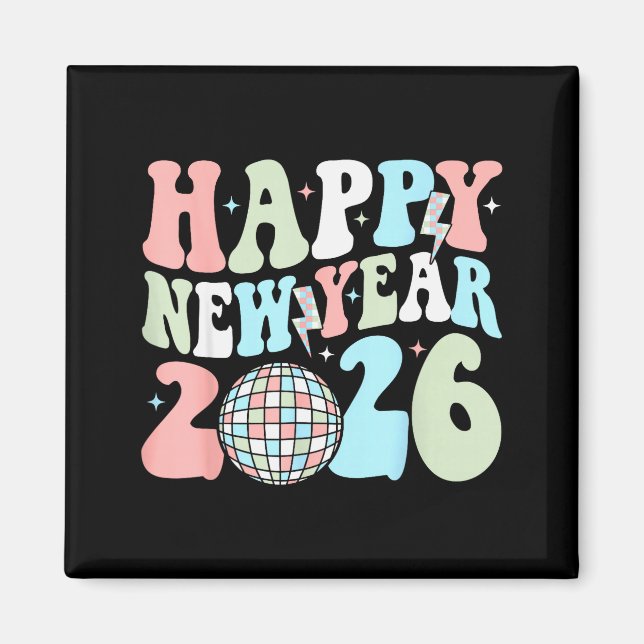 Imán Groovy Happy New Year 2026 Party Cute New Years Ev (Frente)
