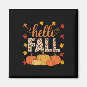 Imán Groovy Hello Fall Autumn Maple Leaves Pumpkin Leop