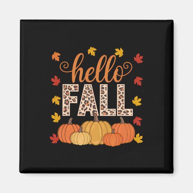 Imán Groovy Hello Fall Autumn Maple Leaves Pumpkin Leop (Frente)