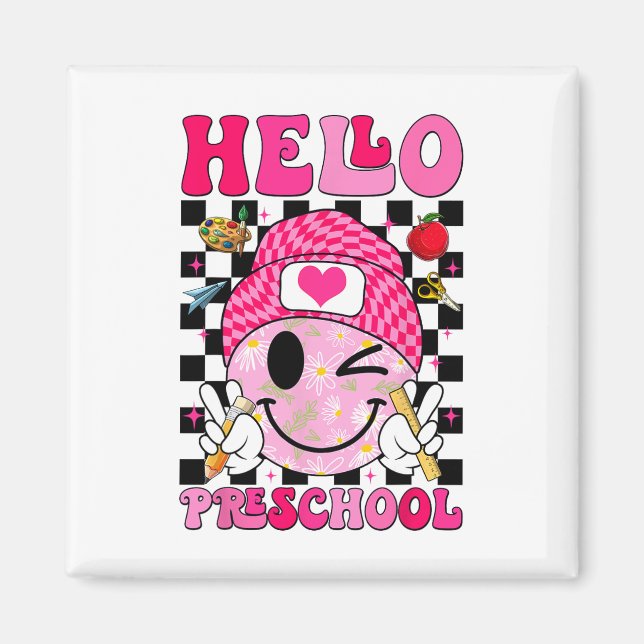 Imán Groovy Hola Preescolar Pre-k Estudiantes Primer Dí (Frente)