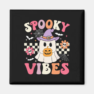 Imán Groovy Spooky Vibes Retro Ghost Holding Pumpkin Ha