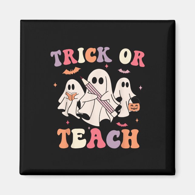 Imán Groovy Teacher Halloween Retro Trick O Teach Flick (Frente)
