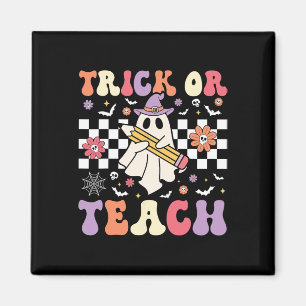 Imán Groovy Teacher Halloween Retro Trick O Teach Flick