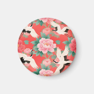Imán Grullas Japonesas Peonías Rojo Chinoiserie Eleganc