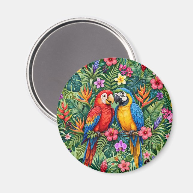 Imán Guacamayos de la selva Loros alegres Flores vibran (Anverso/Reverso)
